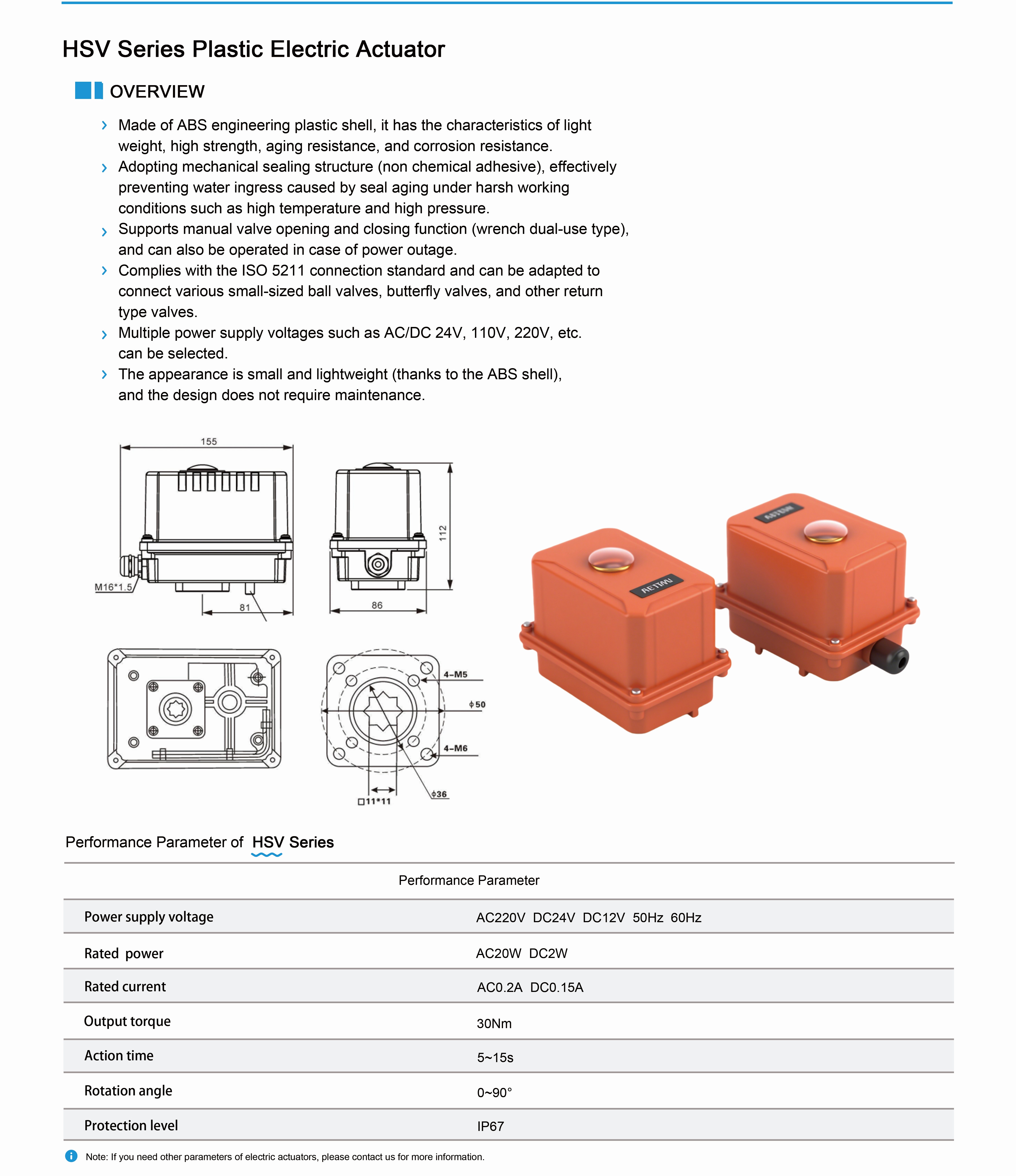 HSV 30NM Plastic Electric Actuator